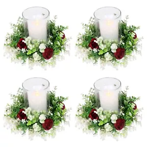 4 Pcs Rose Floral Candle Rings Artificial Burgundy Flowers Wreaths With Green Eu - Picture 1 of 6