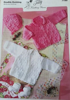 Knitting Pattern for Baby Cardigans, Bonnet & Socks in DK Wool Teddy 7195 - Image 1 of 3