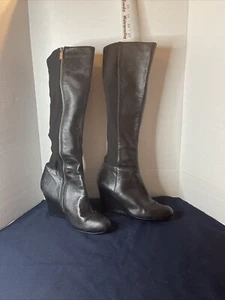 Michael Kors Women's Clara Wedge Tall Boots Size 8 Leather Fabric Silver Zip - Picture 1 of 24