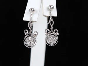 $2,550 Vintage 14K White Gold Single Cut Round Diamond Dangle Screwback Earrings - Picture 1 of 9