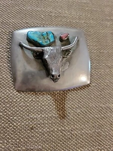 VINTAGE 1950's SILVER & TURQUOISE BELT BUCKLE BULL COW HEAD SKULL SMALL - Picture 1 of 10