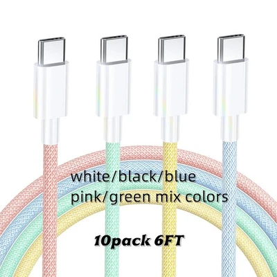10 pack 6ft 60W USB-C to USB-C Fast Charger Cable Nylon Cord For iPhone 15 16 17 - Image 1 of 4