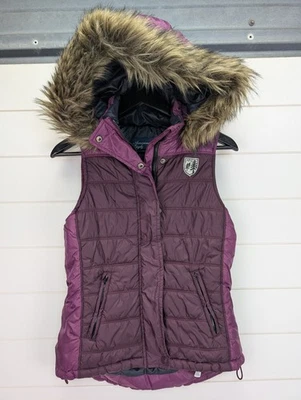 Chaleco acolchado American Eagle Y2K capucha con ribete de piel para mujer pequeño púrpura Elena Gilbert  Foto 1 de 4