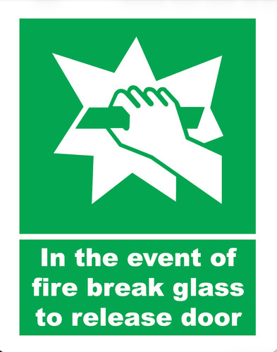 In The Event Of Fire Break Glass To Release Door Warning Sticker 160mm ...