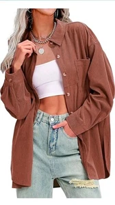 EXLURA Womens Shirts Oversized Button Down Long Sleeve Jacket Shackets Size L - Picture 1 of 8