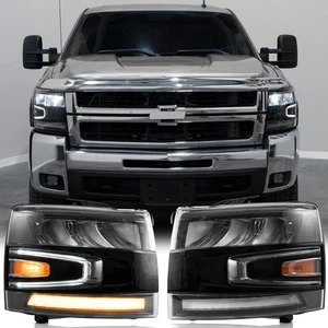 Black Reflector Headlight w/LED DRL +Sequential For 2007-13 Chevy Silverado 1500 - Picture 1 of 17