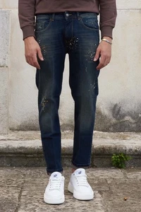 Jeans in denim Pesca con schizzi di vernice Made in italy. - Foto 1 di 4