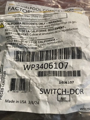 Nuevo interruptor de tapa/puerta Whirlpool genuino WP3406107 Foto 1 de 4