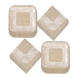 Wedding Party and Bridal Shower Rustic Burlap and Lace Paper Dessert Plates a... - Picture 1 of 4