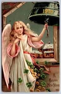 EAS New Year~Blond Angel Lady In Pink/White Robe Full Of Coins Rings 1910 Bell - Picture 1 of 2