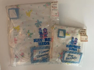 Vtg KAY-BEE KIDS Baby Flannel Receiving Blanket & Wash Cloths Bunnies Bears NOS - Image 1 of 4