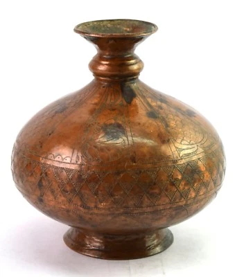 Antigua olla de agua de cobre extremadamente rara vasija sagrada religiosa india. G56-61  Foto 1 de 4