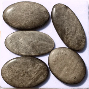 5 Pcs Natural Silver Sheen Obsidian Top Quality 39-50mm Oval Cabochon Gemstones - Picture 1 of 12
