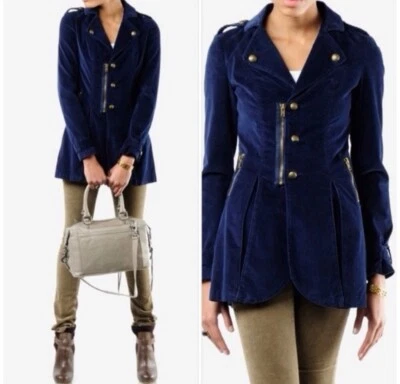 Chaqueta Vintage Free People Talla 4 Terciopelo Azul Marino Botones Dorados Pliegues Foto 1 de 4