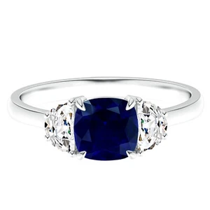 Cushion Blue Sapphire and Simulated Diamond Three Stone Ring 925 Sterling Silver - Picture 1 of 6