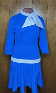 Vintage 1960s Mod  Drop Waist Tie Neck  GoGo Dress Size Medium Blue & White - Picture 1 of 10
