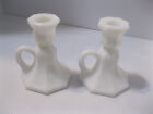 2 White Milk-Glass Candle Stick Holders With Handle Vintage 4.75" Tall