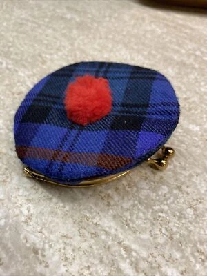 Vintage Knit Wool Scottish Tam Hat  Coin / Change Purse Blue Red Pom - Image 1 of 4