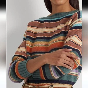 Lauren Ralph Lauren Womens Striped Cotton-Linen Boat neck Sweater Multi color XS - Picture 1 of 8