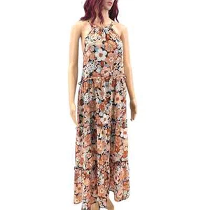 Inspiriert Herzen Blumen Maxikleid Damen Lrg schwarz braun Stufen gefüttert Neckholder Neu mit Etikett - Bild 1 von 12