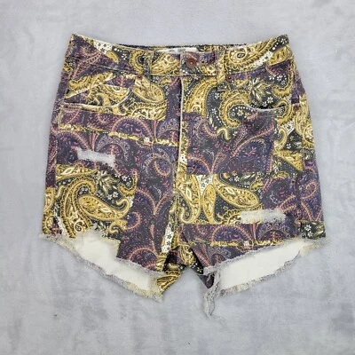 Free People 短裤女式 27 黄色紫色佩斯利曲线中腰截止牛仔布 — 第 1/4 张图片