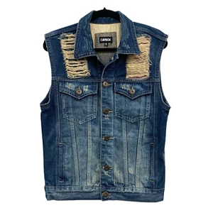 Blue Denim Jean Jacket Vest Mens M Distressed Waistcoat USA Motorcycle Trucker - Picture 1 of 10
