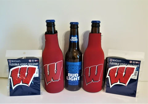 TWO (2) WISCONSIN BADGERS, NEOPRENE BOTTLE SUITS & TWO FLEXIBLE MAGNETS Cover