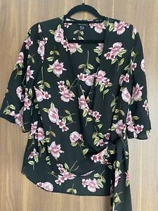 New Look Black & Pink Flower Kimono Style Wrap Top Size 8