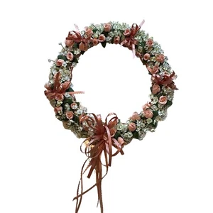 Hand Crocheted Wreath with Peach/White Flowers and Ribbons Approximately 11.5" D - Picture 1 of 6
