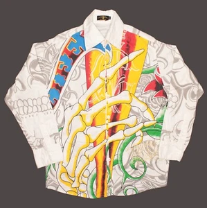 Christian Audigier Vintage Button Shirt Mens XL White Allover Print AOP Colorful - Picture 1 of 6