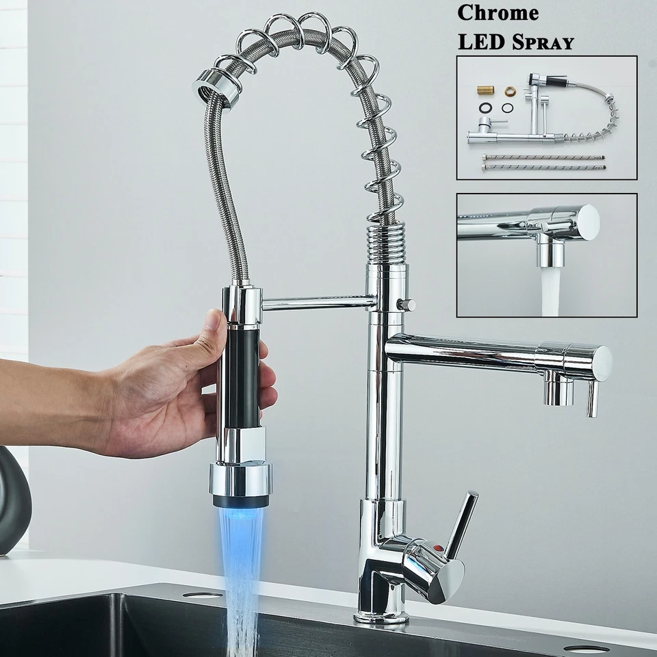 Modern Kitchen Pull out Mixer Taps Dual Spout Spray Shower Head Chrome 2 Hoses