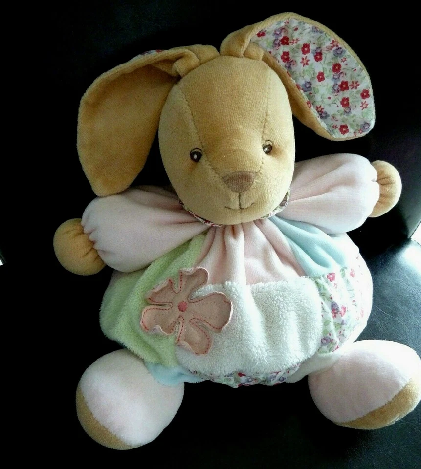 N1. DOUDOU LAPIN KALOO BOULE ROSE BLEU BLANC FLEUR PATCHWORCK  26cm - TBE - Image 1 of 1