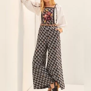 Anthropologie Jumpsuit / Overall mit weitem Bein bestickt Paisley schwarz Boho - Bild 1 von 9