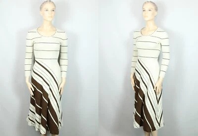 Vtg 50-60’s Beige Brown Striped Fit Flare Knit Boiled Orlon Wool Midi Dress XS - Image 1 of 4
