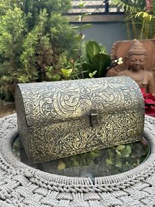Vintage Wooden Etched Metal Treasure Box With Floral Butterfly Motifs-ornate