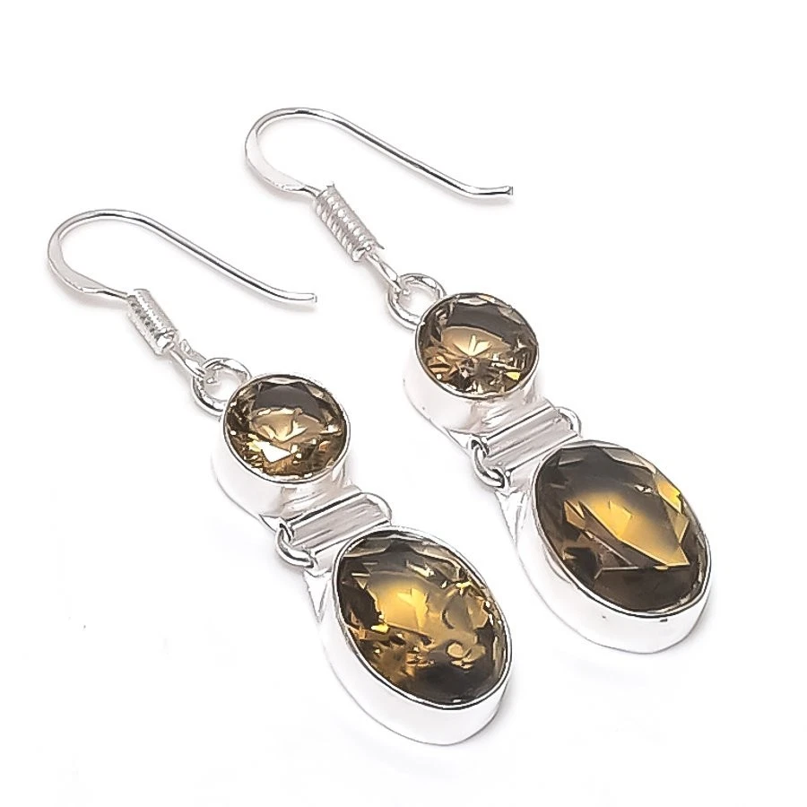 Pendiente de joyería de plata de ley 925 hecho a mano con piedras preciosas de cuarzo ahumado tamaño 1,9" Foto 1 de 1