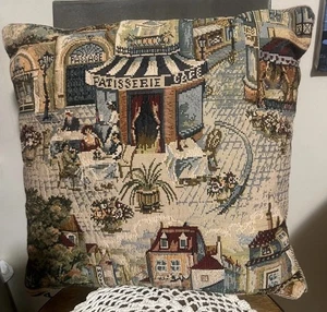 Schönes Dakota französisches Reiter Gobelin Kissen 18x18 Cafe Bäume Cottagecore - Bild 1 von 14