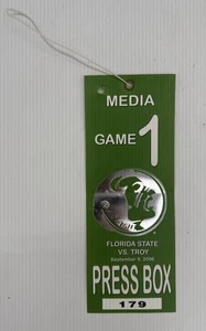 Boleto de fútbol americano Florida State vs Troy Press Box Pass 9 de septiembre de 2006 medios - Imagen 1 de 2