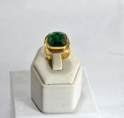 ANELLO IN ARGENTO 925 DORATO CON QUARZO VERDE QUADRATO REGOLABILE  AGNK 071 - Immagine 1 di 4