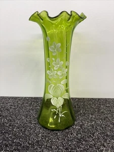 Victorian Hand Blown Green with White Flowers Fluted 8” Glass Vase - Picture 1 of 15