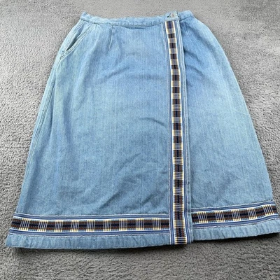VINTAGE LL Bean Skirt Womens 14 Blue Denim Wrap Midi Made in USA 90s Cottage - Image 1 of 4