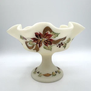 Fenton Glass SIGNED S. Smith Hand Painted Floral Matte Compote Pedestal Dish - Picture 1 of 11