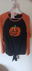Damen Halloween T-Shirt XL Pailletten Kürbisgesicht. Krawatte vorne. Schwarz und Orange - Bild 1 von 6