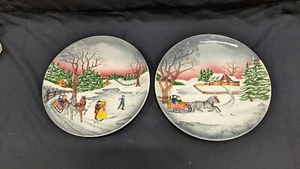 Vintage Majolica Relief Ceramic Wall Hanging Plate Victorian Winter Lot of 2 Pl - Picture 1 of 9