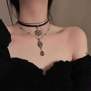 Gothic Celestial Black Velvet Layered Choker Necklace with Starburst Pendant - Picture 1 of 6