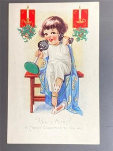 Vintage Christmas Holiday Postcard Child Girl Talking to Santa Claus on Phone? - Picture 1 of 1