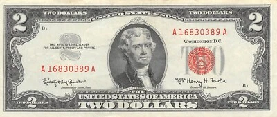 USA   $2  Series of 1963 A  Block   A   Red Seal  Circulated Banknote ZA - Image 1 of 2