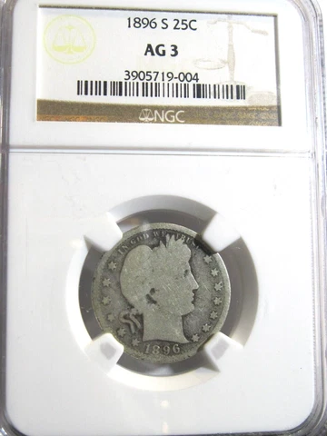 rare ! 1896 S * NGC AG 3 Slab * Silver BARBER Quarter DOLLAR *FREE Ship USA Only Cover