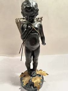 Petites Choses 7.5" Girl Figurine Pewter w/ Brass Basket & Leaves (Marble Base) - Picture 1 of 16