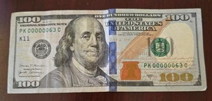 $100 Dollar Bill Rare 2017 Fancy Low Serial Number "00000063" - Picture 1 of 2